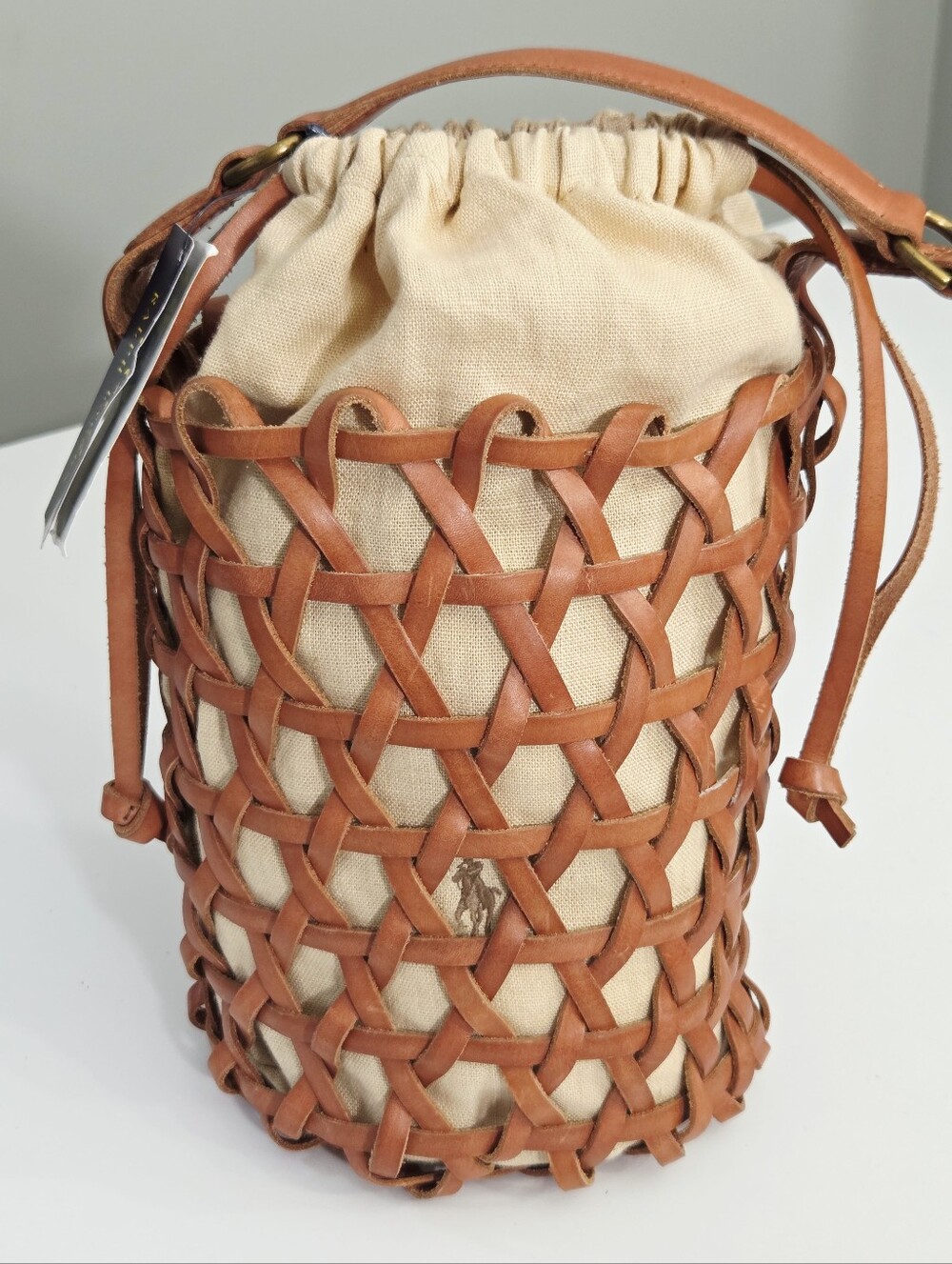 NWT POLO RALPH LAUREN LEATHER MEDIUM BASKET-WEAVE BUCKET BAG